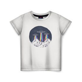 Детская футболка 3D с принтом НЛО в Горах в Тюмени, 100% гипоаллергенный полиэфир | прямой крой, круглый вырез горловины, длина до линии бедер, чуть спущенное плечо, ткань немного тянется | горы | елки | звезды | земля | инопланетяне | небо | ночь | радуга | снег | тарелка | эверест | эльбрус