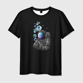 Мужская футболка 3D с принтом Космические Пузыри в Тюмени, 100% полиэфир | прямой крой, круглый вырез горловины, длина до линии бедер | Тематика изображения на принте: астронавт | звезды | земля | космос | марс | мыльные | планеты | скафандр