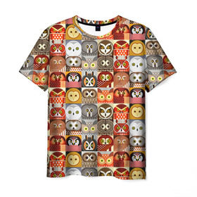 Мужская футболка 3D с принтом Совы Плитка в Тюмени, 100% полиэфир | прямой крой, круглый вырез горловины, длина до линии бедер | ассорти | вид | глаза | квадраты | кубики | орнитолог | паттерн | принт | птица | сова | филин