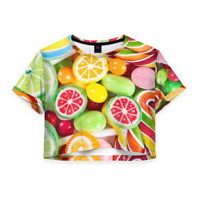 Женская футболка 3D укороченная с принтом Candy в Тюмени, 100% полиэстер | круглая горловина, длина футболки до линии талии, рукава с отворотами | candy | colorful | lollipop | sweet | конфеты | леденцы | сладости