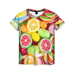 Женская футболка 3D с принтом Candy в Тюмени, 100% полиэфир ( синтетическое хлопкоподобное полотно) | прямой крой, круглый вырез горловины, длина до линии бедер | candy | colorful | lollipop | sweet | конфеты | леденцы | сладости