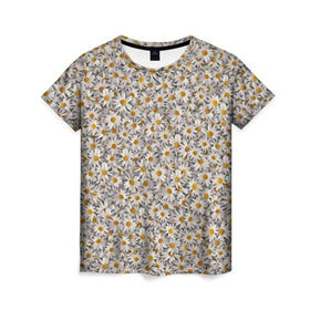Женская футболка 3D с принтом Ромашки в Тюмени, 100% полиэфир ( синтетическое хлопкоподобное полотно) | прямой крой, круглый вырез горловины, длина до линии бедер | белый | желтый | паттерн | поле | полевые | растения | ромашка | текстура | цветочки