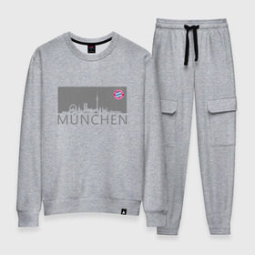 Женский костюм хлопок с принтом Bayern Munchen - Munchen City grey (2018) в Тюмени, 100% хлопок | на свитшоте круглая горловина, мягкая резинка по низу. Брюки заужены к низу, на них два вида карманов: два 