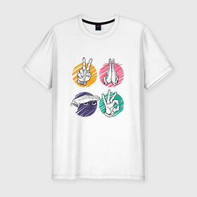 Мужская футболка премиум с принтом Жесты Польнареффа в Тюмени, 92% хлопок, 8% лайкра | приталенный силуэт, круглый вырез ворота, длина до линии бедра, короткий рукав | jjba | jojo | jojos bizarre adventure | джоджо | невероятные приключения джоджо