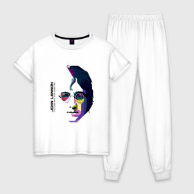 Женская пижама хлопок с принтом Джон Ленон в Тюмени, 100% хлопок | брюки и футболка прямого кроя, без карманов, на брюках мягкая резинка на поясе и по низу штанин | john lennon | the beatles | битлс | джон леннон