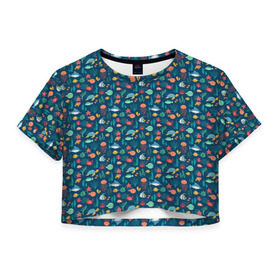 Женская футболка 3D укороченная с принтом Подводный мир в Тюмени, 100% полиэстер | круглая горловина, длина футболки до линии талии, рукава с отворотами | вода | краб | медуза | море | океан | рыба | рыбалка | рыбы | черепаха