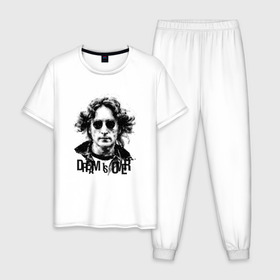 Мужская пижама хлопок с принтом Джон Леннон 4 в Тюмени, 100% хлопок | брюки и футболка прямого кроя, без карманов, на брюках мягкая резинка на поясе и по низу штанин
 | Тематика изображения на принте: john lennon | the beatles | битлс | джон леннон