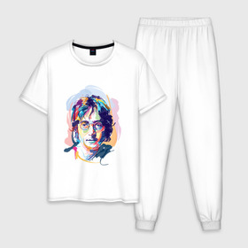 Мужская пижама хлопок с принтом Джон Леннон 6 в Тюмени, 100% хлопок | брюки и футболка прямого кроя, без карманов, на брюках мягкая резинка на поясе и по низу штанин
 | Тематика изображения на принте: john lennon | the beatles | битлс | джон леннон