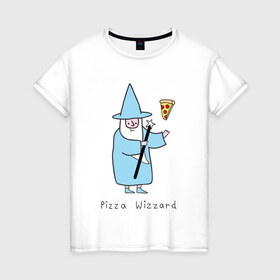Женская футболка хлопок с принтом Заклинатель пиццы в Тюмени, 100% хлопок | прямой крой, круглый вырез горловины, длина до линии бедер, слегка спущенное плечо | Тематика изображения на принте: magic | pizza | wizzard | арт | волшебник | маг | магия | пицца