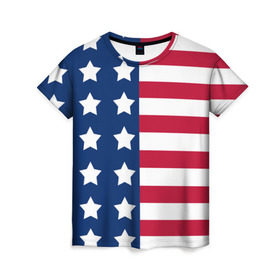 Женская футболка 3D с принтом USA Flag в Тюмени, 100% полиэфир ( синтетическое хлопкоподобное полотно) | прямой крой, круглый вырез горловины, длина до линии бедер | star | usa | америка | белый | звезды | красный | линии | полосы | популярные | синий | сша | триколор | туристические | флаг | цвет | штаты