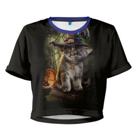 Женская футболка 3D укороченная с принтом Ведьмин котенок в Тюмени, 100% полиэстер | круглая горловина, длина футболки до линии талии, рукава с отворотами | jack | ведьма | кот | котенок | кошка | тыква | хэллоуин