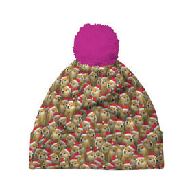 Шапка 3D c помпоном с принтом Новогодние собаки в Тюмени, 100% полиэстер | универсальный размер, печать по всей поверхности изделия | Тематика изображения на принте: doge | зима | зимний | лайка | мем | новогодний | новый год | паттерн | рождество | сиба ину | собака | собакен | хаски | шапка