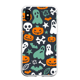 Чехол для iPhone XS Max матовый с принтом Halloween в Тюмени, Силикон | Область печати: задняя сторона чехла, без боковых панелей | Тематика изображения на принте: звёзды | кости | летучие мыши | листья | привидения | тыквы