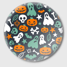 Значок с принтом Halloween в Тюмени,  металл | круглая форма, металлическая застежка в виде булавки | звёзды | кости | летучие мыши | листья | привидения | тыквы