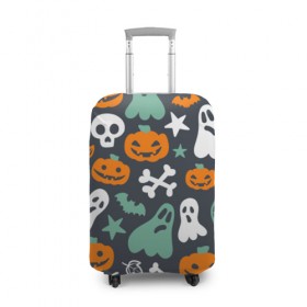 Чехол для чемодана 3D с принтом Halloween в Тюмени, 86% полиэфир, 14% спандекс | двустороннее нанесение принта, прорези для ручек и колес | звёзды | кости | летучие мыши | листья | привидения | тыквы
