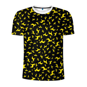 Мужская футболка 3D спортивная с принтом Желтые собачки в Тюмени, 100% полиэстер с улучшенными характеристиками | приталенный силуэт, круглая горловина, широкие плечи, сужается к линии бедра | dog | new year | животные | новый год | символ | собака