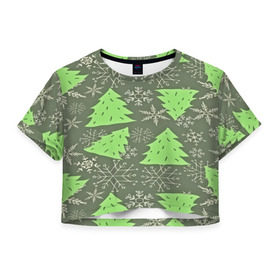 Женская футболка 3D укороченная с принтом Зелёные ёлочки в Тюмени, 100% полиэстер | круглая горловина, длина футболки до линии талии, рукава с отворотами | new year | santa | дед мороз | елка | елочки | новогодний | новый год | рождество | сантаклаус | снег | снежинки