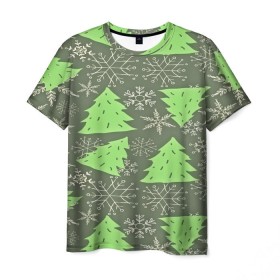 Мужская футболка 3D с принтом Зелёные ёлочки в Тюмени, 100% полиэфир | прямой крой, круглый вырез горловины, длина до линии бедер | new year | santa | дед мороз | елка | елочки | новогодний | новый год | рождество | сантаклаус | снег | снежинки