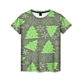 Женская футболка 3D с принтом Зелёные ёлочки в Тюмени, 100% полиэфир ( синтетическое хлопкоподобное полотно) | прямой крой, круглый вырез горловины, длина до линии бедер | new year | santa | дед мороз | елка | елочки | новогодний | новый год | рождество | сантаклаус | снег | снежинки