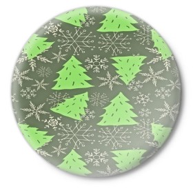 Значок с принтом Зелёные ёлочки в Тюмени,  металл | круглая форма, металлическая застежка в виде булавки | new year | santa | дед мороз | елка | елочки | новогодний | новый год | рождество | сантаклаус | снег | снежинки