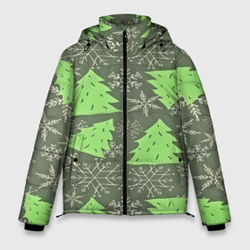 Мужская зимняя куртка 3D с принтом Зелёные ёлочки в Тюмени, верх — 100% полиэстер; подкладка — 100% полиэстер; утеплитель — 100% полиэстер | длина ниже бедра, свободный силуэт Оверсайз. Есть воротник-стойка, отстегивающийся капюшон и ветрозащитная планка. 

Боковые карманы с листочкой на кнопках и внутренний карман на молнии. | Тематика изображения на принте: new year | santa | дед мороз | елка | елочки | новогодний | новый год | рождество | сантаклаус | снег | снежинки