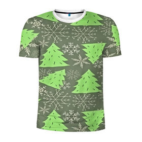 Мужская футболка 3D спортивная с принтом Зелёные ёлочки в Тюмени, 100% полиэстер с улучшенными характеристиками | приталенный силуэт, круглая горловина, широкие плечи, сужается к линии бедра | new year | santa | дед мороз | елка | елочки | новогодний | новый год | рождество | сантаклаус | снег | снежинки