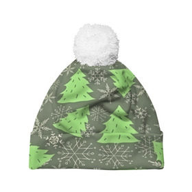 Шапка 3D c помпоном с принтом Зелёные ёлочки в Тюмени, 100% полиэстер | универсальный размер, печать по всей поверхности изделия | new year | santa | дед мороз | елка | елочки | новогодний | новый год | рождество | сантаклаус | снег | снежинки