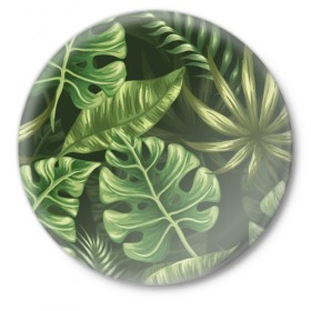 Значок с принтом Доисторический лес в Тюмени,  металл | круглая форма, металлическая застежка в виде булавки | vppdgryphon | арт | краска | лес | папоротник | прикольные | тропики | цветные | цветок | цветы