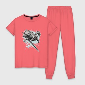 Женская пижама хлопок с принтом The Swordswolf в Тюмени, 100% хлопок | брюки и футболка прямого кроя, без карманов, на брюках мягкая резинка на поясе и по низу штанин | дарк соулс
