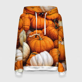 Женская толстовка 3D с принтом тыквы в Тюмени, 100% полиэстер  | двухслойный капюшон со шнурком для регулировки, мягкие манжеты на рукавах и по низу толстовки, спереди карман-кенгуру с мягким внутренним слоем. | halloween | дача | овощи | октябрь | оранжевый | осень | сентябрь | тыква | хеллуин