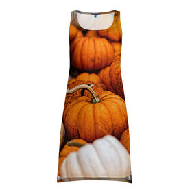 Платье-майка 3D с принтом тыквы в Тюмени, 100% полиэстер | полуприлегающий силуэт, широкие бретели, круглый вырез горловины, удлиненный подол сзади. | halloween | дача | овощи | октябрь | оранжевый | осень | сентябрь | тыква | хеллуин