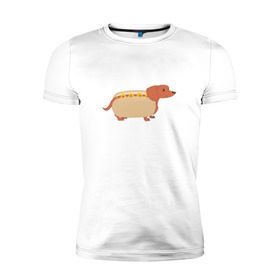 Мужская футболка премиум с принтом Хот дог в Тюмени, 92% хлопок, 8% лайкра | приталенный силуэт, круглый вырез ворота, длина до линии бедра, короткий рукав | Тематика изображения на принте: год собаки | собака | такса