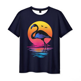 Мужская футболка 3D с принтом Фламинго дитя заката в Тюмени, 100% полиэфир | прямой крой, круглый вырез горловины, длина до линии бедер | закат | море | птица | ретро | стиль | фламинго