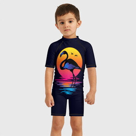 Детский купальный костюм 3D с принтом Фламинго дитя заката в Тюмени, Полиэстер 85%, Спандекс 15% | застежка на молнии на спине | Тематика изображения на принте: закат | море | птица | ретро | стиль | фламинго