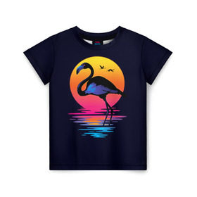 Детская футболка 3D с принтом Фламинго дитя заката в Тюмени, 100% гипоаллергенный полиэфир | прямой крой, круглый вырез горловины, длина до линии бедер, чуть спущенное плечо, ткань немного тянется | закат | море | птица | ретро | стиль | фламинго