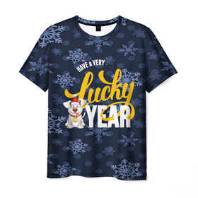 Мужская футболка 3D с принтом Lucky Year в Тюмени, 100% полиэфир | прямой крой, круглый вырез горловины, длина до линии бедер | new year | santa | год собаки | дед мороз | елка | елочки | новогодний | новый год | подарки | рождество | сантаклаус | снег | снежинки | собака