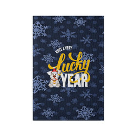 Обложка для паспорта матовая кожа с принтом Lucky Year в Тюмени, натуральная матовая кожа | размер 19,3 х 13,7 см; прозрачные пластиковые крепления | Тематика изображения на принте: new year | santa | год собаки | дед мороз | елка | елочки | новогодний | новый год | подарки | рождество | сантаклаус | снег | снежинки | собака