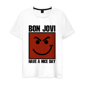 Мужская футболка хлопок с принтом Bon Jovi, have a nice day в Тюмени, 100% хлопок | прямой крой, круглый вырез горловины, длина до линии бедер, слегка спущенное плечо. | bon jovi | бон | бон джови | глэм | группа | джови | джон | метал | рок | хард