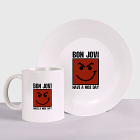 Набор: тарелка + кружка с принтом Bon Jovi, have a nice day в Тюмени, керамика | Кружка: объем — 330 мл, диаметр — 80 мм. Принт наносится на бока кружки, можно сделать два разных изображения. 
Тарелка: диаметр - 210 мм, диаметр для нанесения принта - 120 мм. | bon jovi | бон | бон джови | глэм | группа | джови | джон | метал | рок | хард