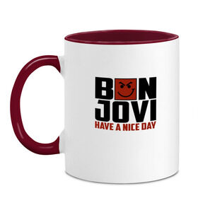 Кружка двухцветная с принтом Bon Jovi, have a nice day в Тюмени, керамика | объем — 330 мл, диаметр — 80 мм. Цветная ручка и кайма сверху, в некоторых цветах — вся внутренняя часть | bon jovi | бон | бон джови | глэм | группа | джови | джон | метал | рок | хард