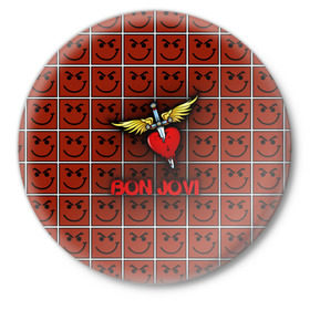 Значок с принтом Смайлы Bon Jovi в Тюмени,  металл | круглая форма, металлическая застежка в виде булавки | Тематика изображения на принте: bon jovi | бон | бон джови | глэм | группа | джови | джон | рок | хард