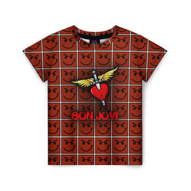 Детская футболка 3D с принтом Смайлы Bon Jovi в Тюмени, 100% гипоаллергенный полиэфир | прямой крой, круглый вырез горловины, длина до линии бедер, чуть спущенное плечо, ткань немного тянется | bon jovi | бон | бон джови | глэм | группа | джови | джон | рок | хард