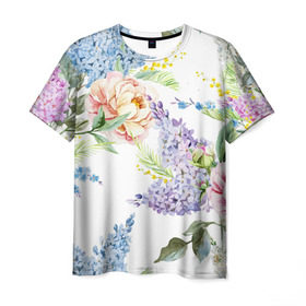 Мужская футболка 3D с принтом Сирень и Пионы в Тюмени, 100% полиэфир | прямой крой, круглый вырез горловины, длина до линии бедер | арт | краска | пион | пионы | прикольные | сирень | тропики | цветные | цветок | цветы