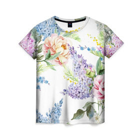 Женская футболка 3D с принтом Сирень и Пионы в Тюмени, 100% полиэфир ( синтетическое хлопкоподобное полотно) | прямой крой, круглый вырез горловины, длина до линии бедер | арт | краска | пион | пионы | прикольные | сирень | тропики | цветные | цветок | цветы