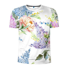 Мужская футболка 3D спортивная с принтом Сирень и Пионы в Тюмени, 100% полиэстер с улучшенными характеристиками | приталенный силуэт, круглая горловина, широкие плечи, сужается к линии бедра | арт | краска | пион | пионы | прикольные | сирень | тропики | цветные | цветок | цветы