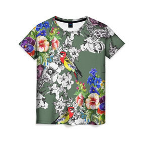 Женская футболка 3D с принтом Райский остров в Тюмени, 100% полиэфир ( синтетическое хлопкоподобное полотно) | прямой крой, круглый вырез горловины, длина до линии бедер | арт | краска | попугаи | попугай | прикольные | рай | тропики | цветные | цветок | цветы