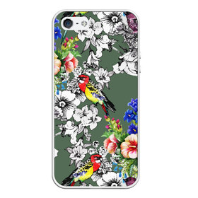 Чехол для iPhone 5/5S матовый с принтом Райский остров в Тюмени, Силикон | Область печати: задняя сторона чехла, без боковых панелей | арт | краска | попугаи | попугай | прикольные | рай | тропики | цветные | цветок | цветы