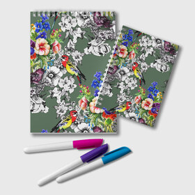 Блокнот с принтом Райский остров в Тюмени, 100% бумага | 48 листов, плотность листов — 60 г/м2, плотность картонной обложки — 250 г/м2. Листы скреплены удобной пружинной спиралью. Цвет линий — светло-серый
 | арт | краска | попугаи | попугай | прикольные | рай | тропики | цветные | цветок | цветы