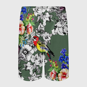 Детские спортивные шорты 3D с принтом Райский остров в Тюмени,  100% полиэстер
 | пояс оформлен широкой мягкой резинкой, ткань тянется
 | Тематика изображения на принте: арт | краска | попугаи | попугай | прикольные | рай | тропики | цветные | цветок | цветы