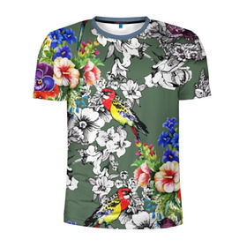 Мужская футболка 3D спортивная с принтом Райский остров в Тюмени, 100% полиэстер с улучшенными характеристиками | приталенный силуэт, круглая горловина, широкие плечи, сужается к линии бедра | арт | краска | попугаи | попугай | прикольные | рай | тропики | цветные | цветок | цветы
